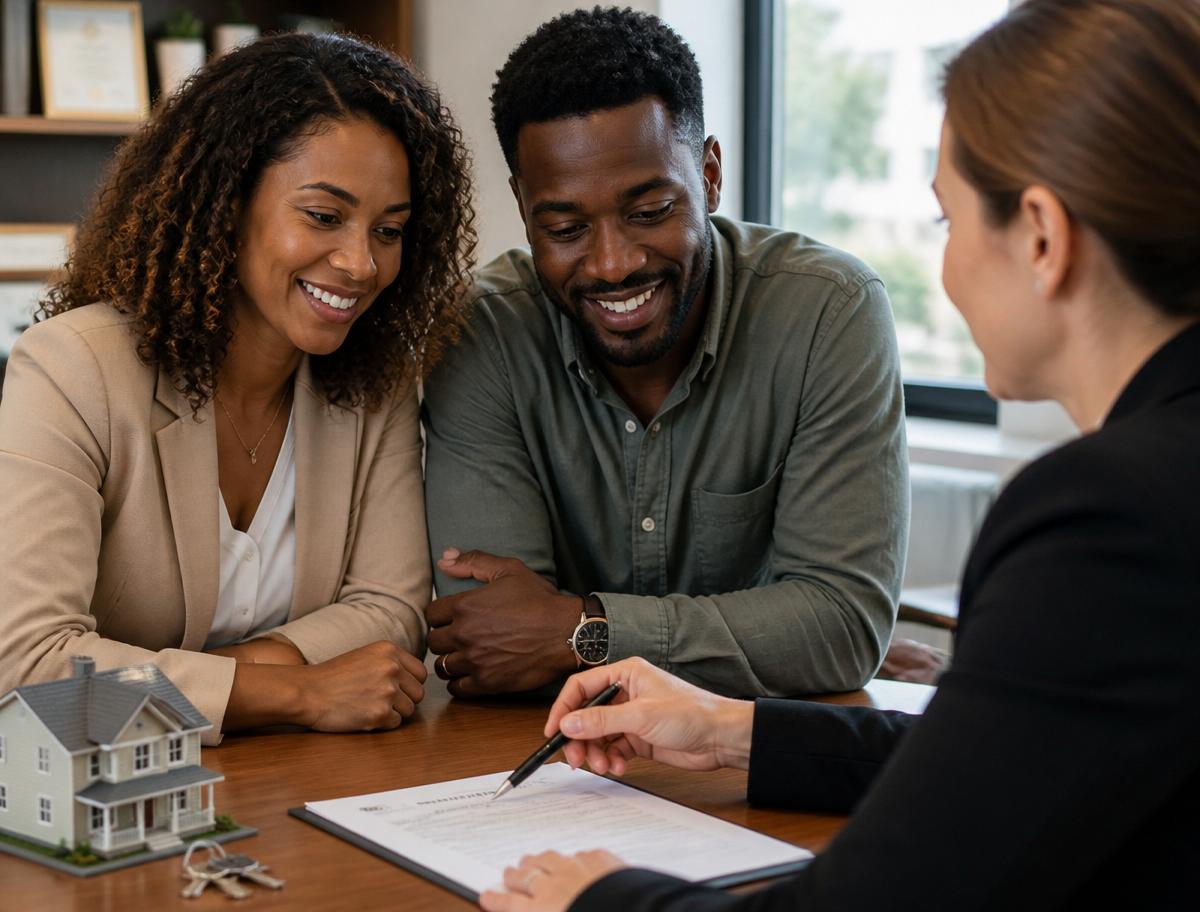 Couple reviewing mortgage paperwork with banking advisor